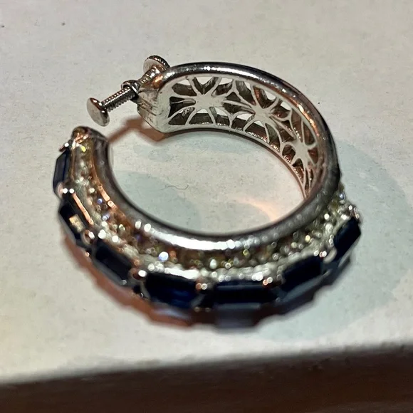 Silver-Toned Faux Blue Sapphire and Zirconia Hoop Earrings –Crystal Huggie Hoops - Picture 7 of 15